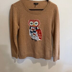 Talbots Cozy & Fun Tan Owl Dressed In 3D Scarf Long Sleeve Sweater Size L NWT